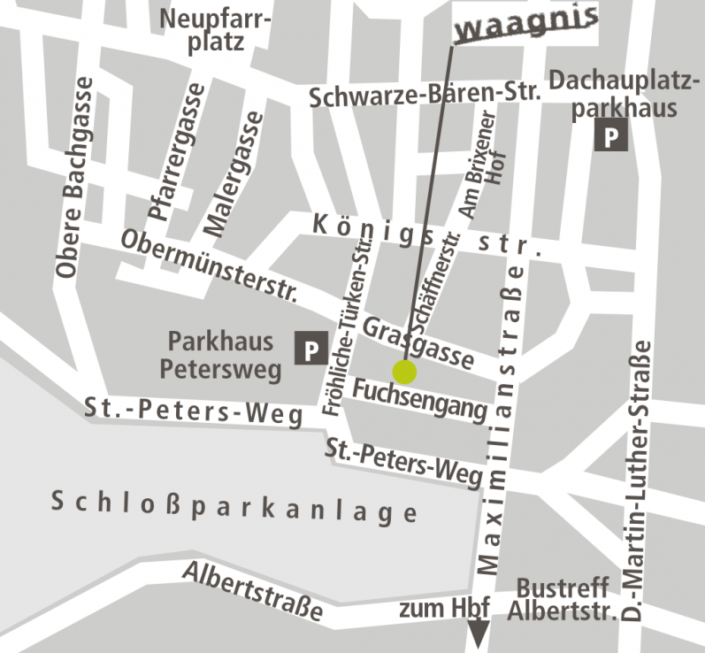 Eine Karte der Innenstadt, auf der waagnis mit einem grünen Punkt zwischen der Grasgasse und dem Fuchsengang eingezeichnet ist